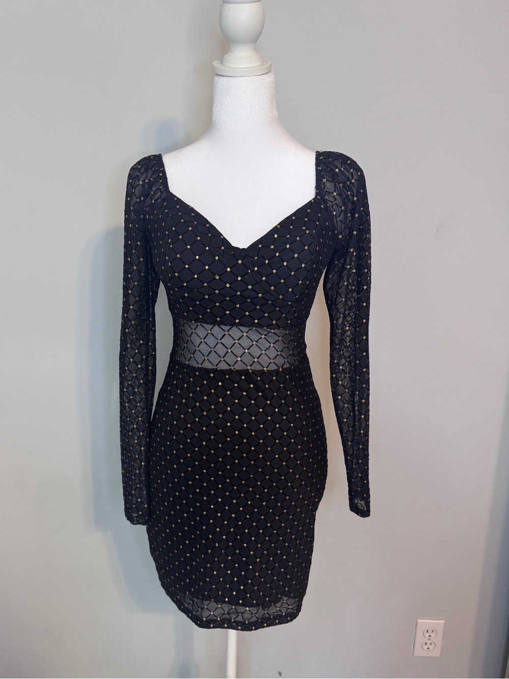 AUW Black Long-Sleeve Mesh Bodycon Dress with Gold Dot Pattern